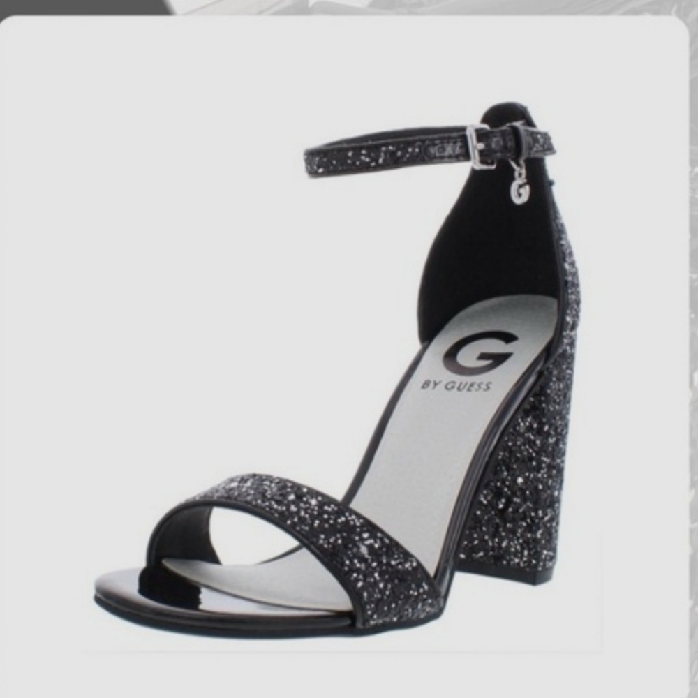 G by Guess Shantel Glitter chunky high heel slip-on sandals Sz 7
